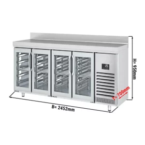 Barový a nápojový chladiaci stôl Premium PLUS - 2452 x 600 mm - so 4 sklenenými dverami a zadnou stenou
