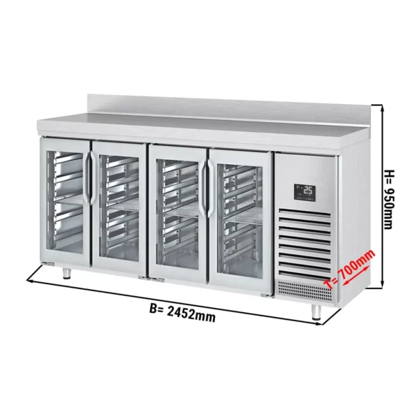 Barový a nápojový chladiaci stôl Premium PLUS - 2452 x 600 mm - so 4 sklenenými dverami a zadnou stenou