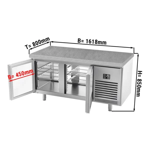 Pekársky chladiaci stôl Premium PLUS - 1618x800mm - so sklenenými dvierkami na oboch stranách a žulovou pracovnou doskou
