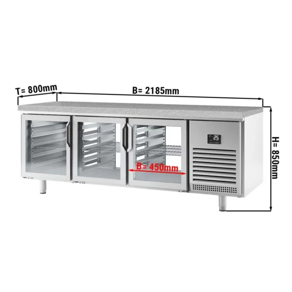 Pekársky chladiaci stôl Premium PLUS - 2185x800mm - so sklenenými dvierkami na oboch stranách a žulovou pracovnou doskou
