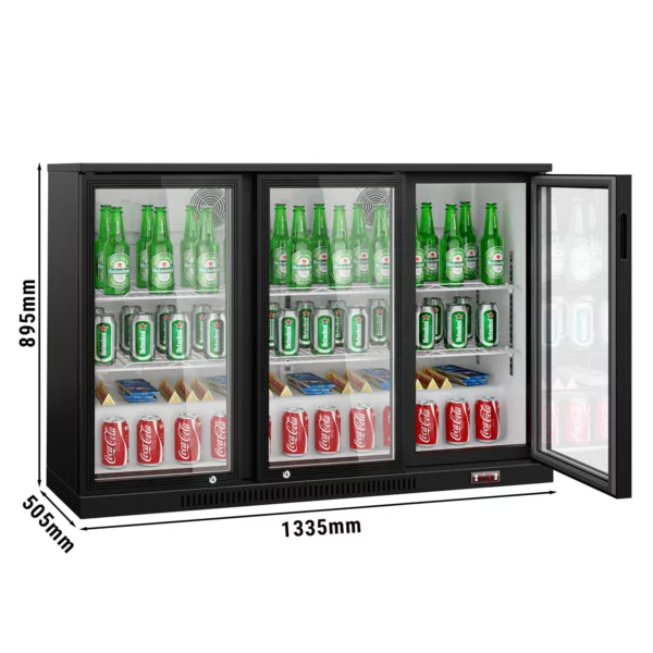 Barový chladiaci stôl - 1,33 m - 320L - s 3 sklenenými dverami & 2 policami - čierny