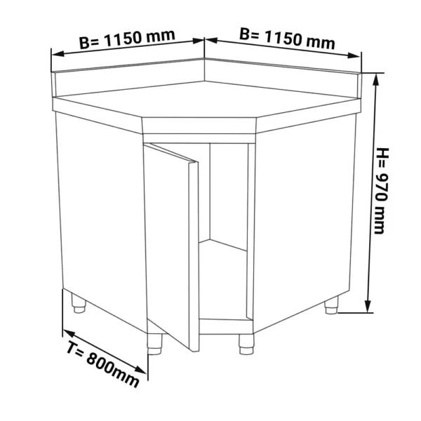 Nerezová rohová pracovná skrinka PREMIUM s krídlovými dverami a podstavcom 1150x800 mm - Image 4