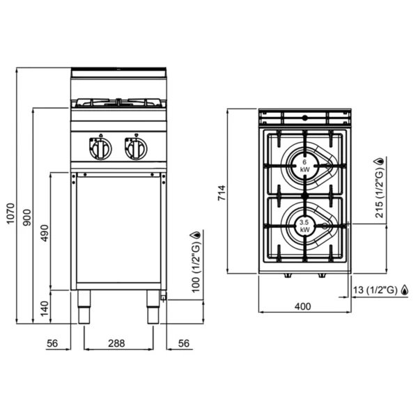 Plynový sporák s podstavcom - 9,5 kW - 2 horáky - Image 2