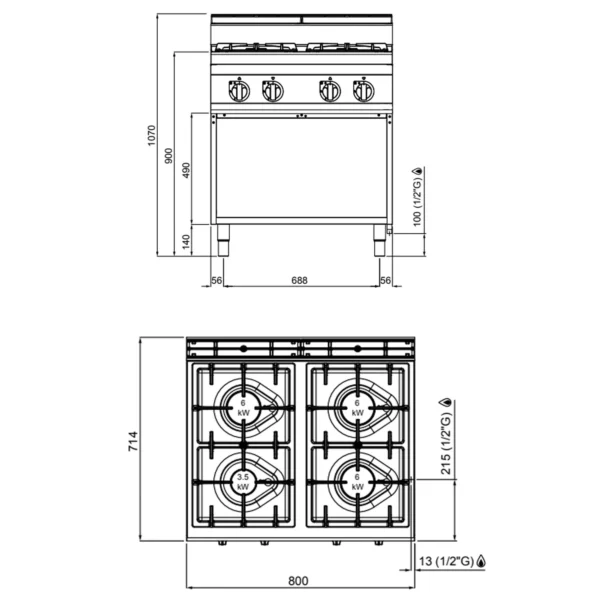 Plynový sporák - 21,5 kW - 4 horáky - Image 2
