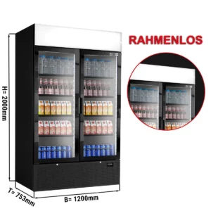 Chladnička na nápoje - 1200 litrov - bezrámové prevedenie - 2 sklenené dvere a reklamný stojan