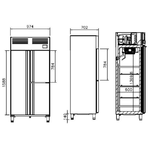 Chladnička PREMIUM PLUS - GN 1/1 - 745 litrov - s 1 dverami a 2 polovičnými dverami z nehrdzavejúcej ocele - Image 6