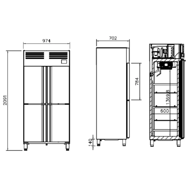 Chladnička PREMIUM PLUS - GN 1/1 - 745 litrov - so 4 polovičnými dverami z nehrdzavejúcej ocele - Image 6