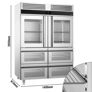 Chladnička PREMIUM - GN 2/1 - 1400 litrov - s 2 sklenenými polovičnými dvierkami a 4 sklenenými zásuvkami