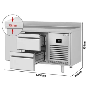 Chladiaci stôl PREMIUM PLUS - 1468x600 mm - s 1 dvierkami a 2 zásuvkami a so zadnou stenou