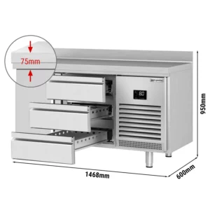 Chladiaci stôl PREMIUM PLUS - 1468x600 mm - s 1 dvierkami a 3 zásuvkami a so zadnou stenou