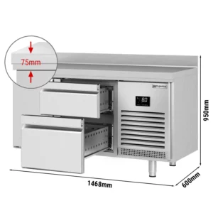 Chladiaci stôl PREMIUM PLUS - 1468x600 mm - s 1 dvierkami a 2 zásuvkami a so zadnou stenou