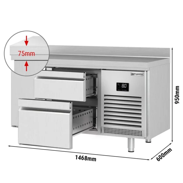 Chladiaci stôl PREMIUM PLUS - 1468x600 mm - s 1 dvierkami a 2 zásuvkami a so zadnou stenou