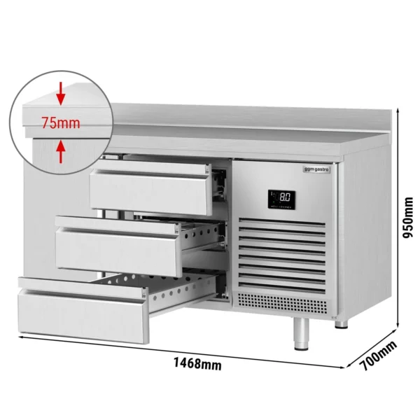 Chladiaci stôl PREMIUM PLUS - 1468x700 mm - s 1 dvierkami a 3 zásuvkami a so zadnou stenou