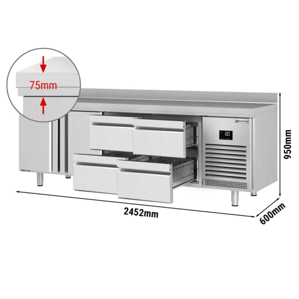 Chladiaci stôl PREMIUM PLUS - 2452 x 600 mm - s 2 dvierkami a 4 zásuvkami a so zadnou stenou