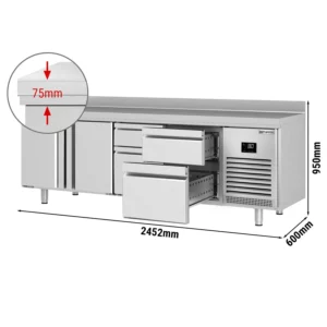 Chladiaci stôl PREMIUM PLUS - 2452 x 600 mm - s 2 dvierkami a 4 zásuvkami a so zadnou stenou