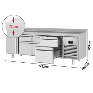 Chladiaci stôl PREMIUM PLUS - 2452 x 600 mm - s 1 dvierkami a 6 zásuvkami a so zadnou stenou