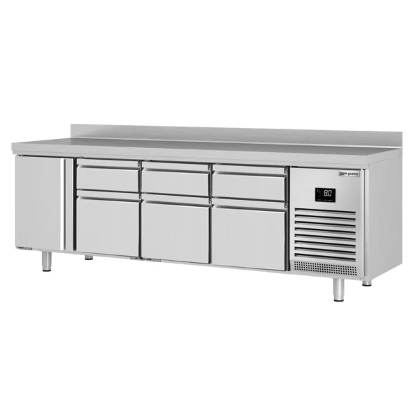 Chladiaci stôl PREMIUM PLUS - 2452 x 700 mm - s 1 dvierkami a 6 zásuvkami a so zadnou stenou - Image 6