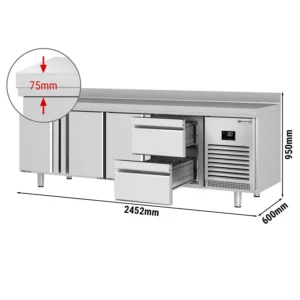 Chladiaci stôl PREMIUM PLUS - 2452 x 600 mm - s 3 dverami a 2 zásuvkami a so zadnou stenou