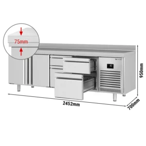 Chladiaci stôl PREMIUM PLUS - 2452 x 700 mm - s 2 dvierkami a 4 zásuvkami a so zadnou stenou