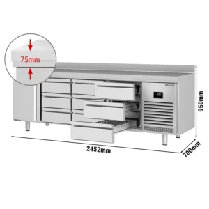 Chladiaci stôl PREMIUM PLUS - 2452 x 700 mm - s 1 dvierkami a 9 zásuvkami a so zadnou stenou