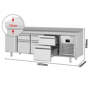 Chladiaci stôl PREMIUM PLUS - 2452 x 700 mm - s 1 dvierkami a 6 zásuvkami a so zadnou stenou