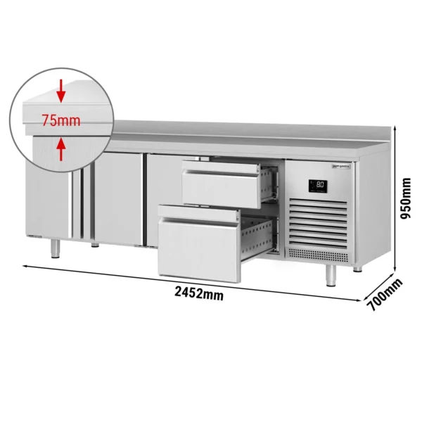 Chladiaci stôl PREMIUM PLUS - 2452 x 700 mm - s 3 dverami a 2 zásuvkami a so zadnou stenou