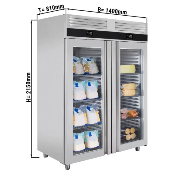 Kombinácia chladničky a mrazničky PREMIUM - GN 2/1 - 1400 litrov - s 2 sklenenými dverami