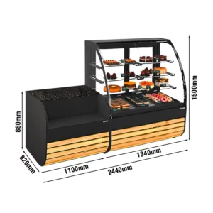 Tortová vitrína - 1380 mm - s LED osvetlením a 3 policami - vrátane pokladničného stola 1100 mm