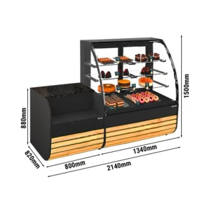 Vitrína na tortu - 1380 mm - s LED osvetlením a 3 policami - vrátane pokladničného stolíka 800 mm