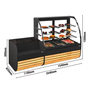 Tortová vitrína - 1540 mm - s LED osvetlením a 3 policami - vrátane pokladničného stola 1100 mm