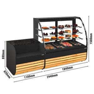 Tortová vitrína - 1840 mm - s LED osvetlením a 3 policami - vrátane pokladničného stola 1100 mm