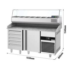 Chladiaci stôl na pizzu PREMIUM - 1550x800mm - s 1 dvierkami a 7 zásuvkami - vrátane chladiacej vitríny - 6x GN 1/3
