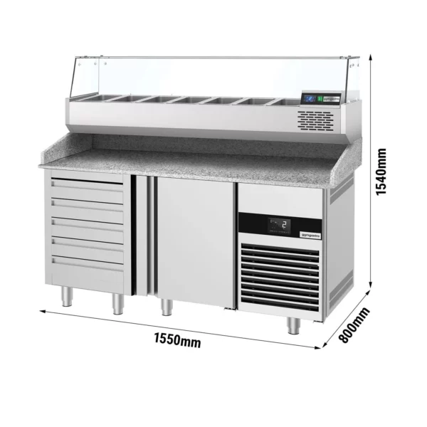 Chladiaci stôl na pizzu PREMIUM - 1550x800mm - s 1 dvierkami a 7 zásuvkami - vrátane chladiacej vitríny - 6x GN 1/3