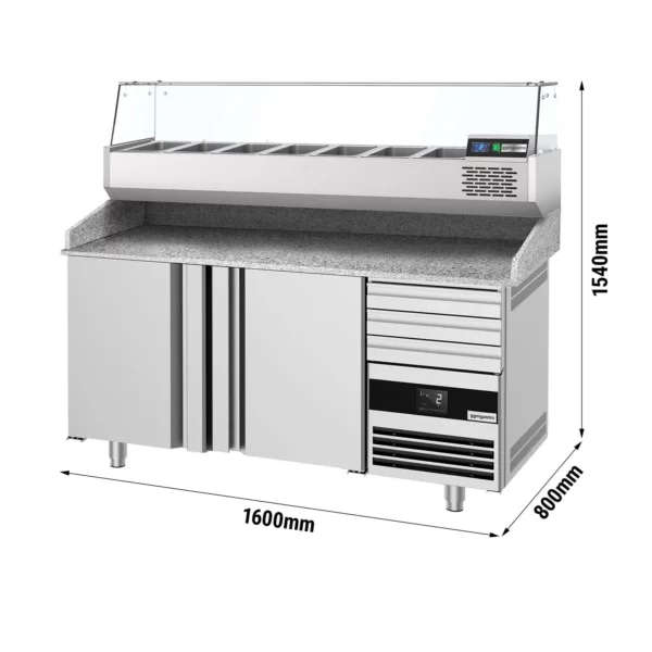 Chladiaci stôl na pizzu PREMIUM - 1600x800mm - s 2 dvierkami a 3 zásuvkami - vrátane chladiacej vitríny - 6x GN 1/3