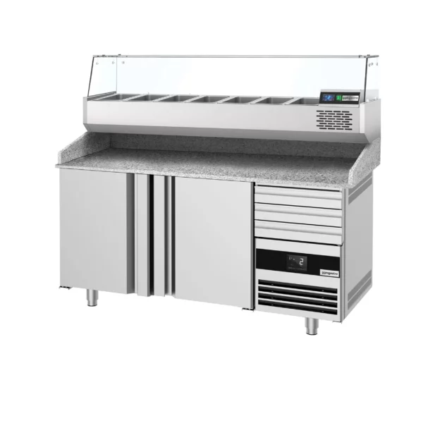 Chladiaci stôl na pizzu 1600x800mm - s 2 dvierkami a 3 zásuvkami - vrátane chladiacej vitríny - 6x GN 1/3 - Image 8