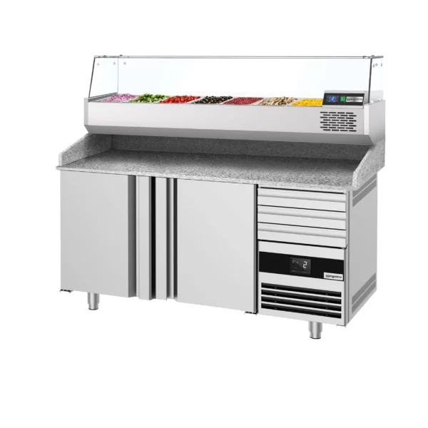 Chladiaci stôl na pizzu 1600x800mm - s 2 dvierkami a 3 zásuvkami - vrátane chladiacej vitríny - 6x GN 1/3 - Image 7