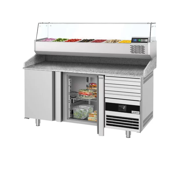Chladiaci stôl na pizzu PREMIUM - 1600x800mm - s 2 dvierkami a 3 zásuvkami - vrátane chladiacej vitríny - 6x GN 1/3 - Image 8