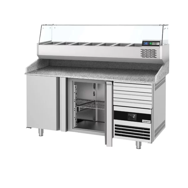 Chladiaci stôl na pizzu PREMIUM - 1600x800mm - s 2 dvierkami a 3 zásuvkami - vrátane chladiacej vitríny - 6x GN 1/3 - Image 9