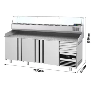 Chladiaci stôl na pizzu PREMIUM - 2150x800mm - s 3 dvierkami a 3 zásuvkami - vrátane chladiacej vitríny - 10x GN 1/3