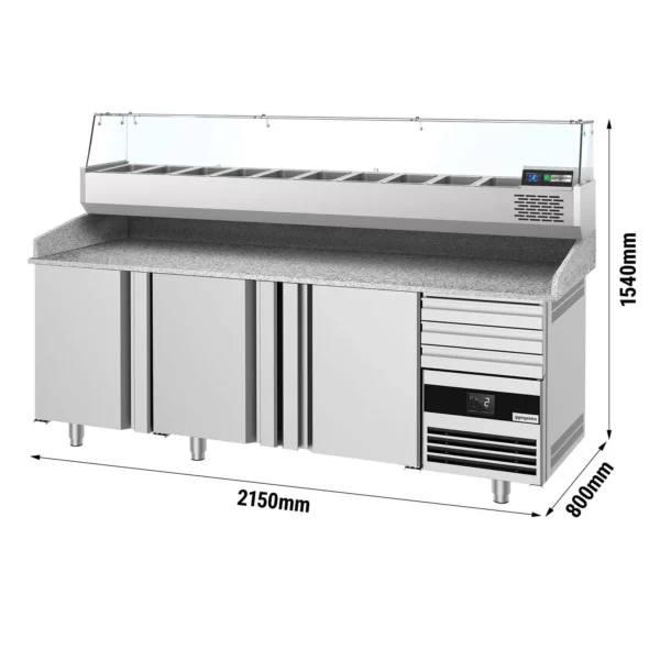 Chladiaci stôl na pizzu PREMIUM - 2150x800mm - s 3 dvierkami a 3 zásuvkami - vrátane chladiacej vitríny - 10x GN 1/3