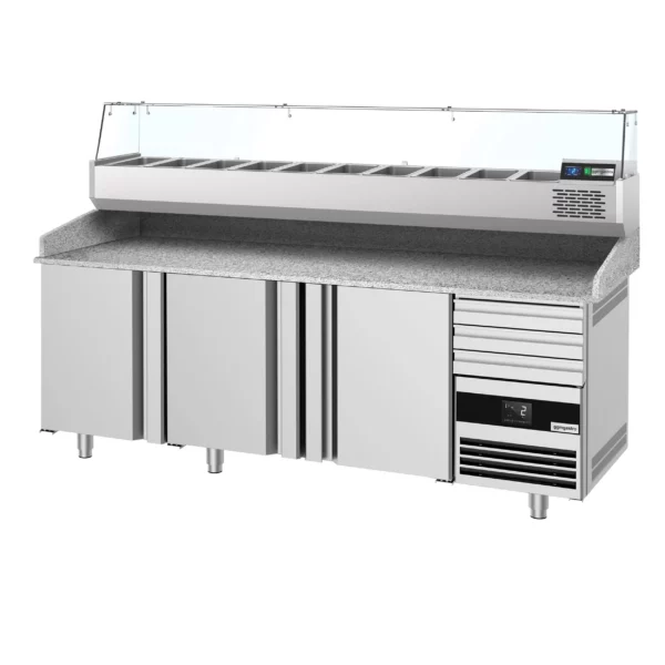 Chladiaci stôl na pizzu PREMIUM - 2150x800mm - s 3 dvierkami a 3 zásuvkami - vrátane chladiacej vitríny - 10x GN 1/3 - Image 6