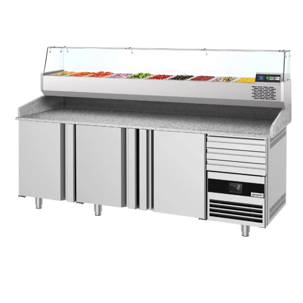 Chladiaci stôl na pizzu PREMIUM - 2150x800mm - s 3 dvierkami a 3 zásuvkami - vrátane chladiacej vitríny - 10x GN 1/3 - Image 7