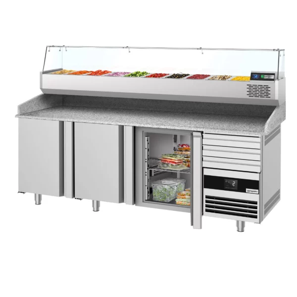 Chladiaci stôl na pizzu PREMIUM - 2150x800mm - s 3 dvierkami a 3 zásuvkami - vrátane chladiacej vitríny - 10x GN 1/3 - Image 8