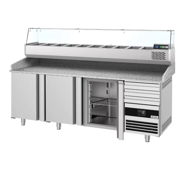 Chladiaci stôl na pizzu PREMIUM - 2150x800mm - s 3 dvierkami a 3 zásuvkami - vrátane chladiacej vitríny - 10x GN 1/3 - Image 9