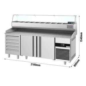 Chladiaci stôl na pizzu PREMIUM - 2100x800mm - s 3 dvierkami a 7 zásuvkami - vrátane chladiacej vitríny - 10x GN 1/3