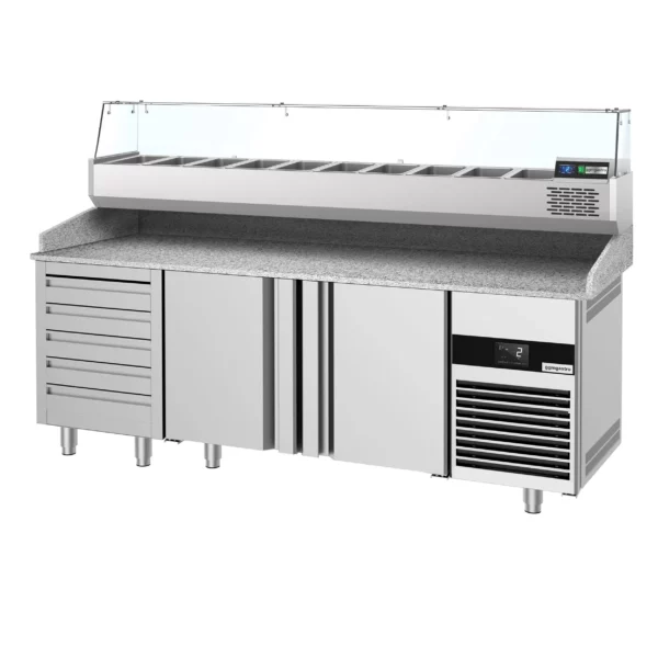 Chladiaci stôl na pizzu PREMIUM - 2100x800mm - s 3 dvierkami a 7 zásuvkami - vrátane chladiacej vitríny - 10x GN 1/3 - Image 6