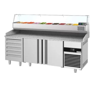 Chladiaci stôl na pizzu - 2100x800mm - s 3 dvierkami a 7 zásuvkami - vrátane chladiacej vitríny - 10x GN 1/3