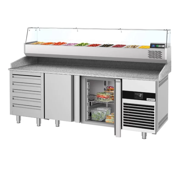Chladiaci stôl na pizzu PREMIUM - 2100x800mm - s 3 dvierkami a 7 zásuvkami - vrátane chladiacej vitríny - 10x GN 1/3 - Image 8