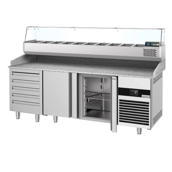 Chladiaci stôl na pizzu PREMIUM - 2100x800mm - s 3 dvierkami a 7 zásuvkami - vrátane chladiacej vitríny - 10x GN 1/3 - Image 9