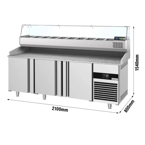 Chladiaci stôl na pizzu PREMIUM - 2100x800mm - s 3 dvierkami - vrátane chladiacej vitríny - 10x GN 1/3